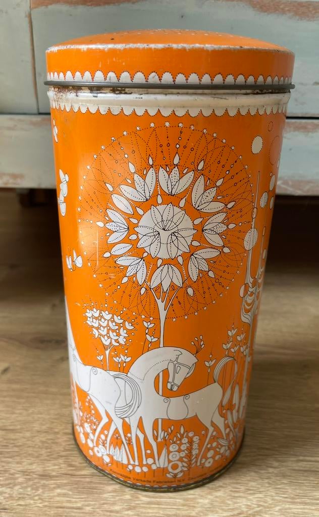 Prachtige oranje blik beschuitblik paard vogel vlinder, Verzamelen, Blikken, Ophalen of Verzenden, Zo goed als nieuw, Overige