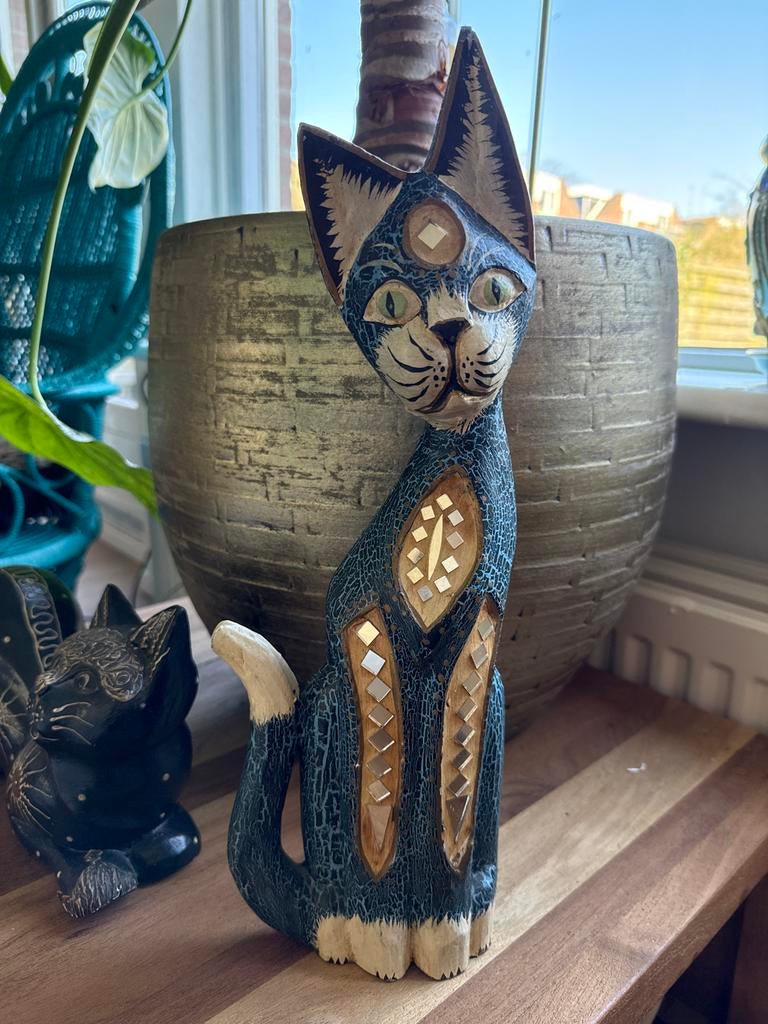 Houten kat met spiegeltjes, Ophalen of Verzenden, Gebruikt