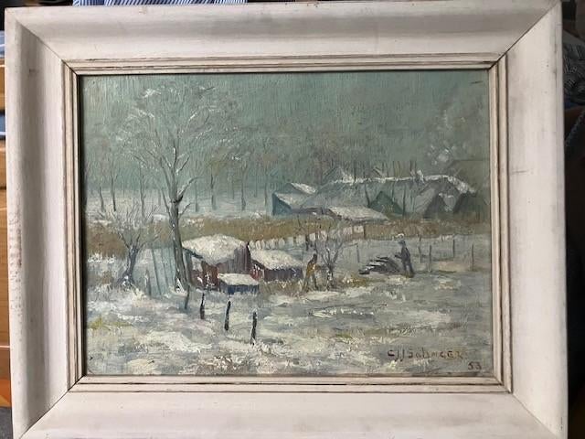 schilderij winter boerderij gesigneerd CJJ Solinger 53, Ophalen of Verzenden