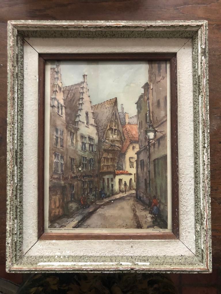Geweldige Prent van een straat in Antwerpen, Antiek en Kunst, Kunst | Schilderijen | Klassiek, Ophalen of Verzenden