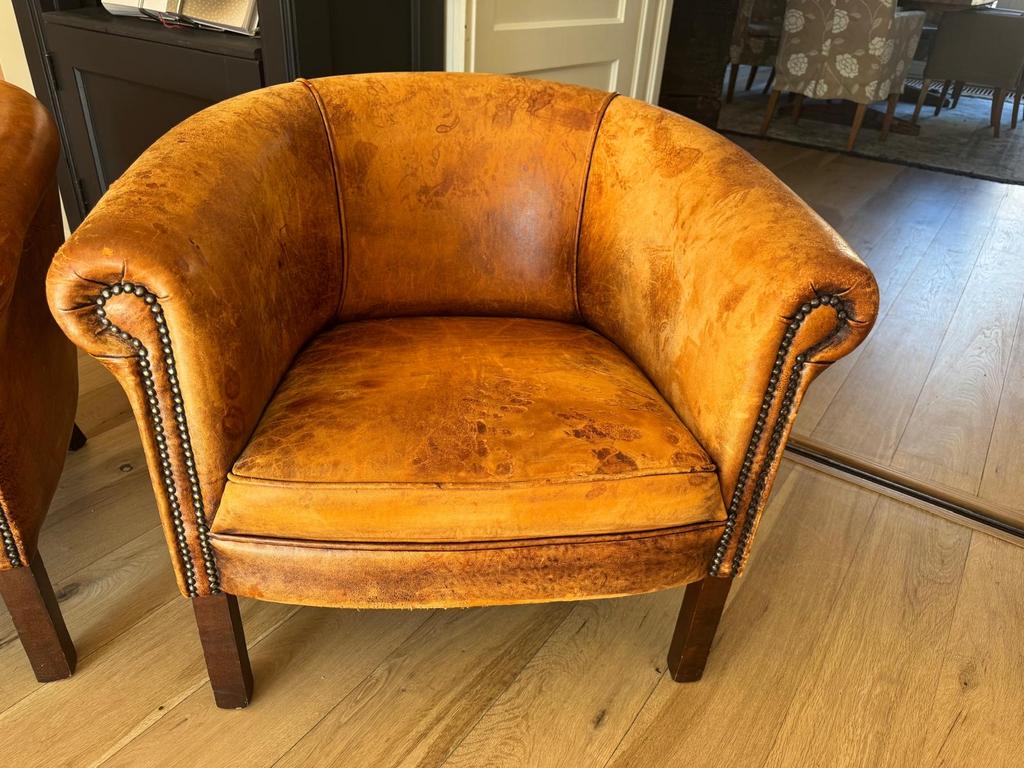 Set van 2 cognac leren fauteuils / kuipstoelen – gebruikt, Ophalen