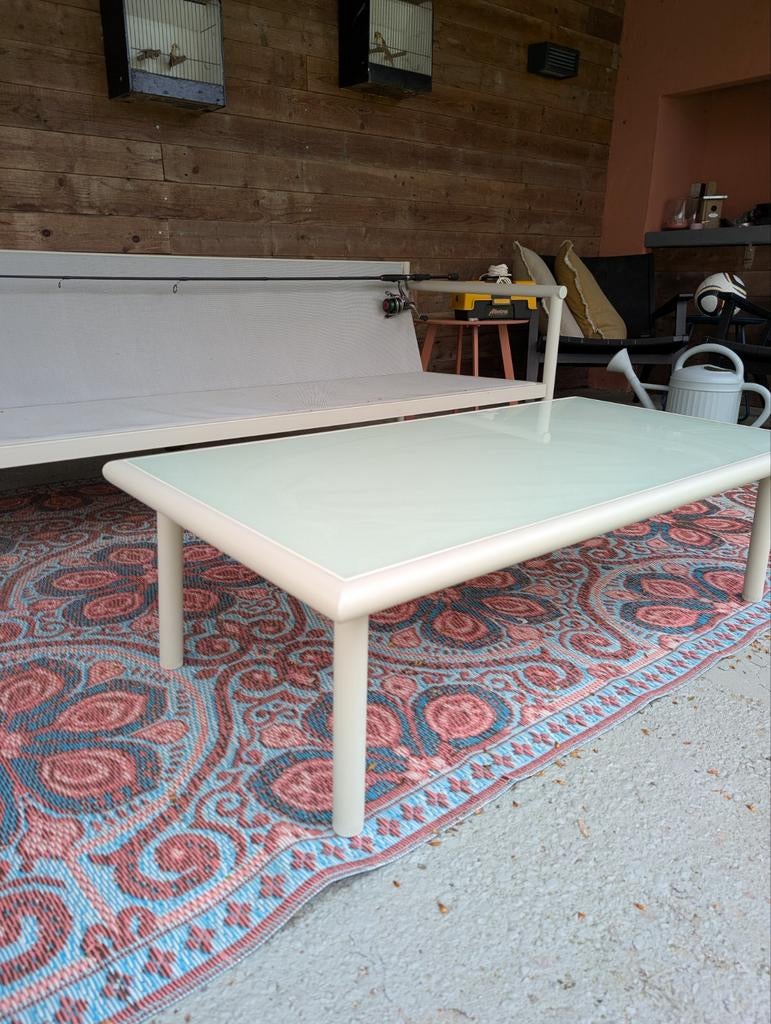 Karwei Tuintafel Beige Metaal met Glasplaat, Tuin en Terras, Ophalen, Gebruikt, Rechthoekig, Metaal