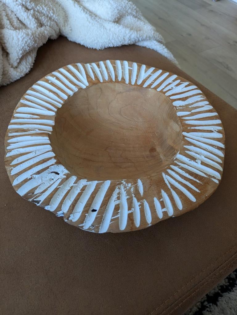 PTMD Living Houten Schaal met Witte Decoratie, Gebruikt, Schaal, Rond, Ophalen of Verzenden