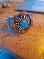 Tibetaanse armband met turquoise, amber en sponskoraal., Ophalen of Verzenden, Zilver, Armband, Met edelsteen