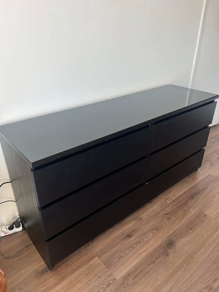 IKEA Malm ladekast met 6 lades en glasplaat, Huis en Inrichting, Kasten | Ladekasten, Gebruikt, Minder dan 100 cm, 150 tot 200 cm
