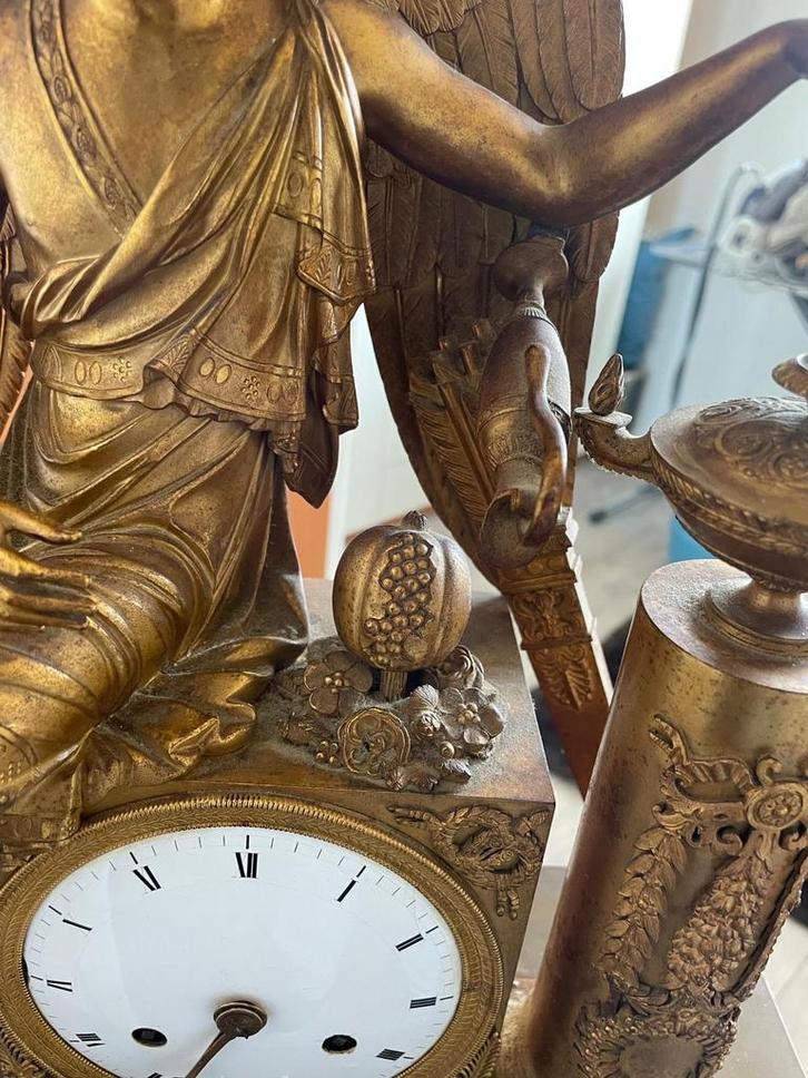 Antieke bronzen pendule met engel en lier, Antiek en Kunst, Antiek | Klokken, Ophalen of Verzenden