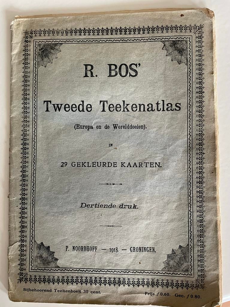 R. Bos' Tweede Teekenatlas - 1918 - Europa en Wereld, Gelezen, Overige atlassen, Ophalen of Verzenden, 1800 tot 2000