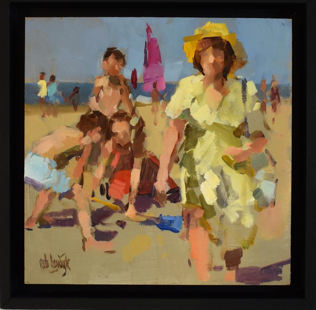 Rob Houdijk,strandgezicht, mooi klein paneeltje in baklijst., Antiek en Kunst, Ophalen of Verzenden