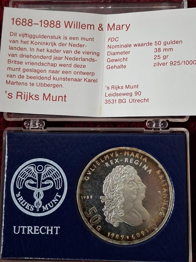 Zilveren 50 Gulden Munt Willem & Mary 1988 - Rijks Munt, Postzegels en Munten, Munten | Nederland, Koningin Beatrix, Zilver, Ophalen of Verzenden
