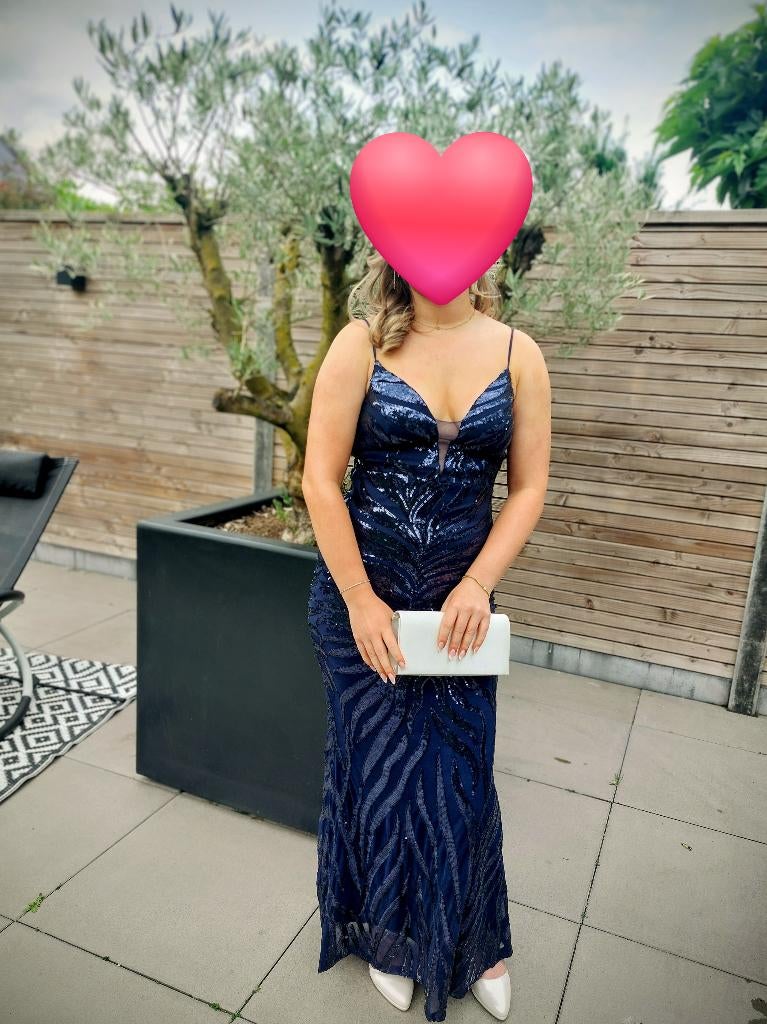 Donkerblauwe galajurk met pailletten, Galajurk, Blauw, Ophalen of Verzenden, Maat 36 (S)