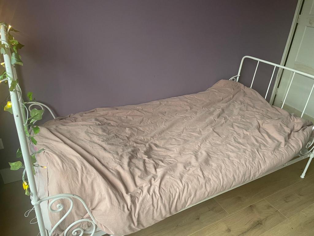Vintage opklapbed 90x185 cm met lattenbodem en matras, Ophalen, Gebruikt, 90 cm, Eenpersoons