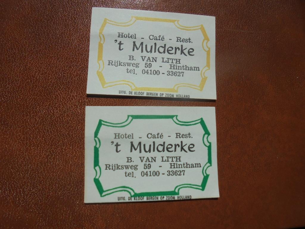 2 oude lucifermerken Café 't Mulderke in HINTHAM B. van Lith, Ophalen of Verzenden, Zo goed als nieuw, Luciferdoosjes of -merken