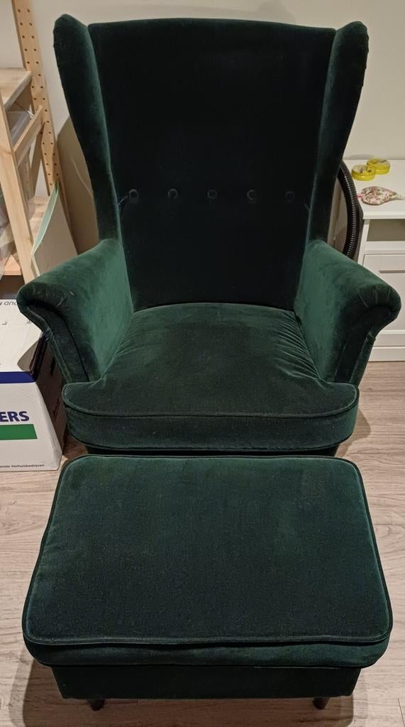 Ikea STRANDMON Fauteuil + Voetenbank - Zo goed als nieuw, Huis en Inrichting, Stoelen, Ophalen, Zo goed als nieuw, Overige kleuren