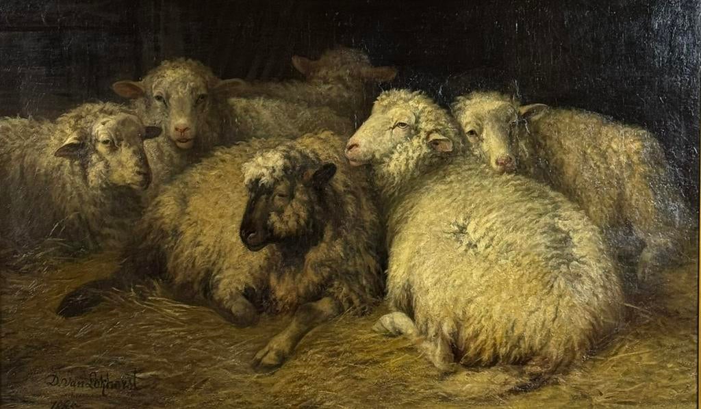Schilderij schapen in de stal D. Van Lokhorst 19e eeuw, Ophalen