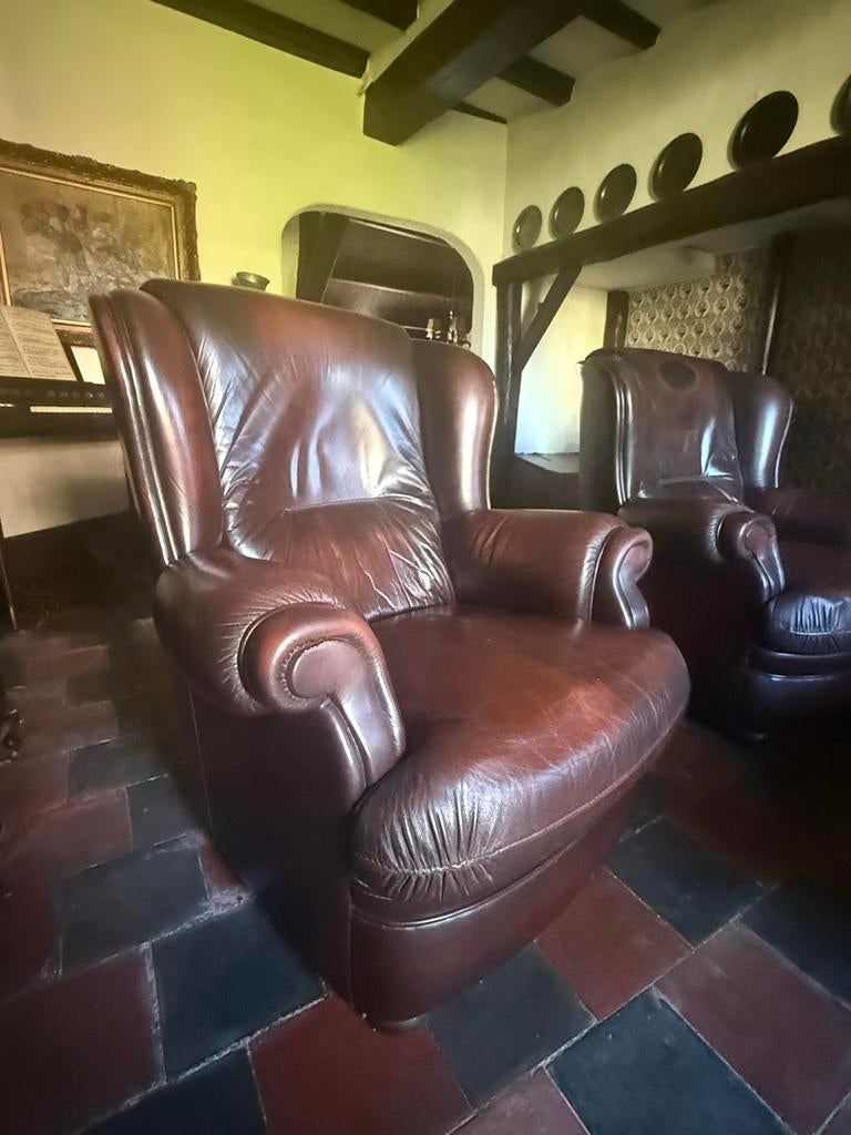 Vintage leren bank en fauteuils, Huis en Inrichting, Banken | Bankstellen, Ophalen, Gebruikt, Minder dan 75 cm, 150 tot 200 cm