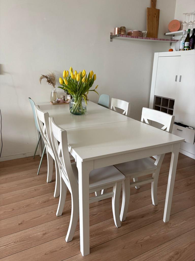 Witte eettafel, uitschuifbaar, 1.80m x 0.80m x 0.75m, Huis en Inrichting, Tafels | Eettafels, Ophalen, Gebruikt, 50 tot 100 cm