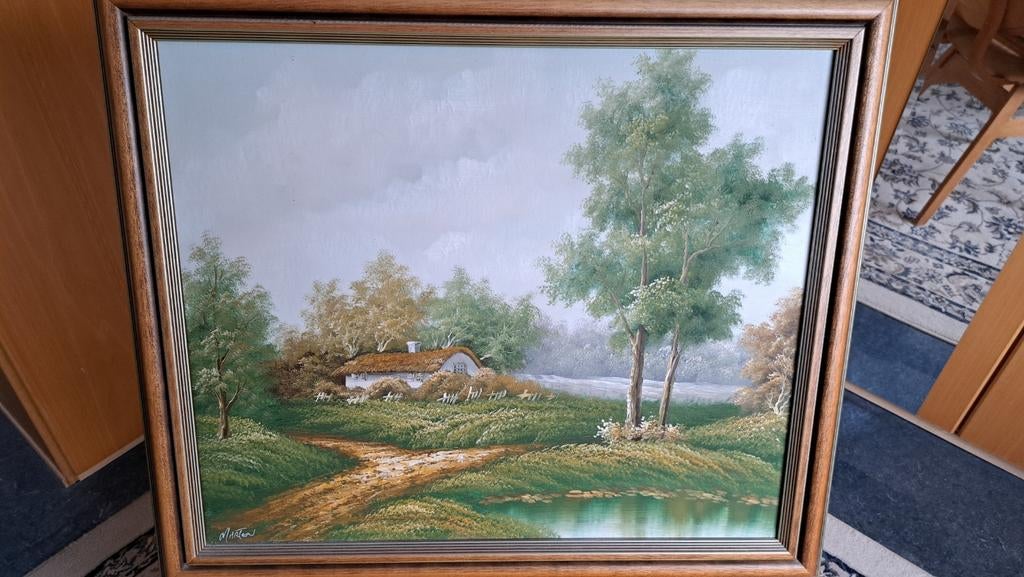 Schilderij landschap met huisje, 70x60 cm - ivm verhuizing, Antiek en Kunst, Kunst | Schilderijen | Klassiek, Ophalen