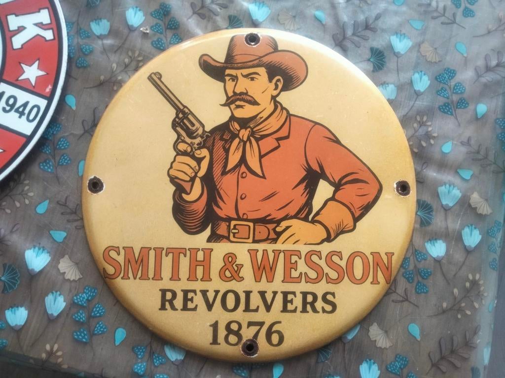 Emaille reclamebord Smith en wesson geweren / revolvers, Ophalen of Verzenden, Gebruikt, Overige onderwerpen