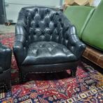 2 sierlijke Chesterfield fauteuils vintage zwart + BEZORGING, Gebruikt, Leer, Ophalen of Verzenden, Ralph Lauren