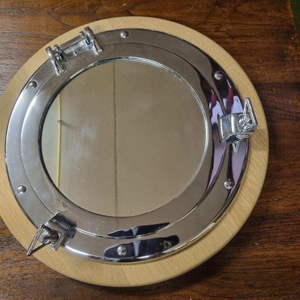 RVS Patrijspoort spiegel - 35cm - Licht Eiken ondergrond, Minder dan 50 cm, Gebruikt, Rond, Ophalen of Verzenden