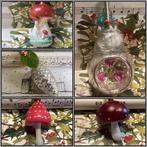 Oude kerstbal paddenstoel, vogel, feathertree, tinsel piek…., Diversen, Kerst, Ophalen of Verzenden, Gebruikt