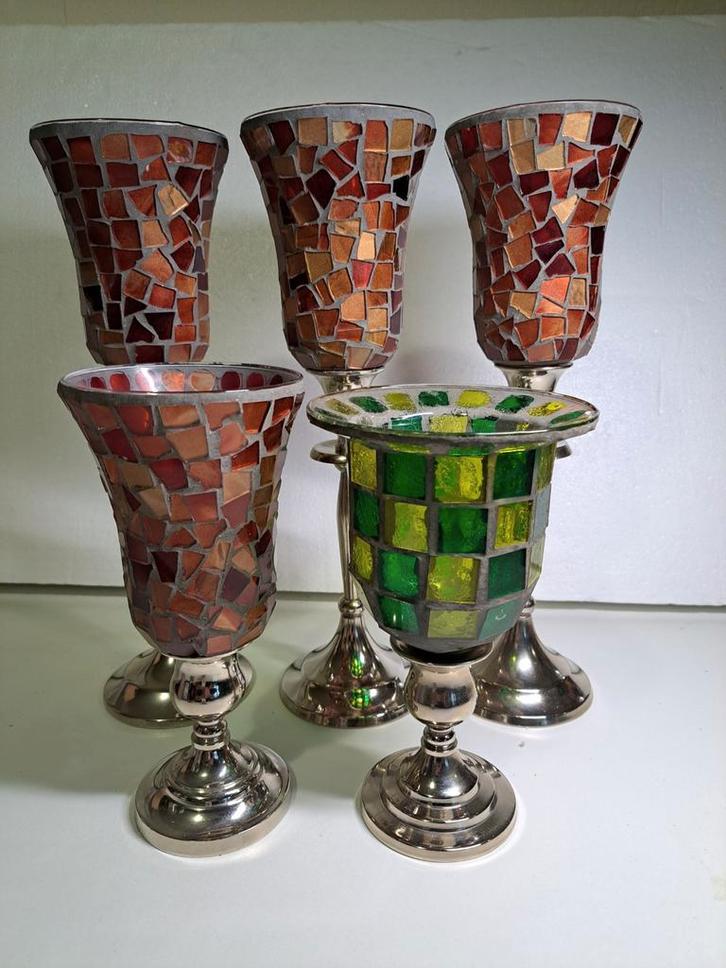 4 Theelichthouders glas mozaïek, Huis en Inrichting, Woonaccessoires | Kandelaars en Kaarsen, Nieuw, Minder dan 25 cm, Overige materialen