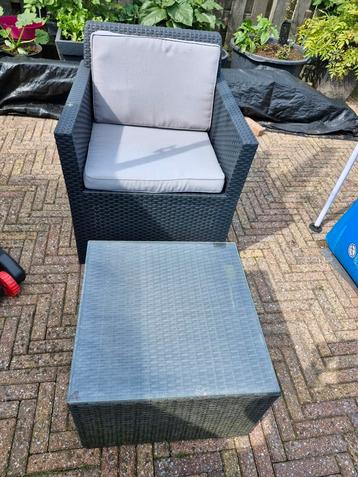 Tafel met plaat en stoel met kussens  beschikbaar voor biedingen