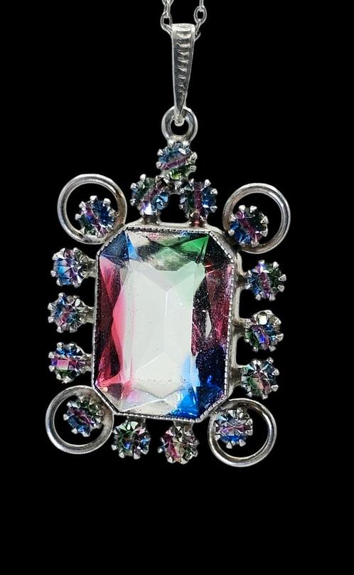 Grote Art Deco Zilveren Hanger  Kleurrijke Rijnsteen, Sieraden, Tassen en Uiterlijk, Antieke sieraden, Hanger, Zilver, Verzenden