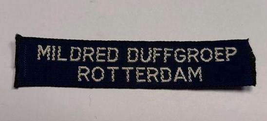 Scouting naambandje Mildred Duffgroep Rotterdam oud, Verzamelen, Scouting, Gebruikt, Embleem, Speld of Insigne, Ophalen of Verzenden