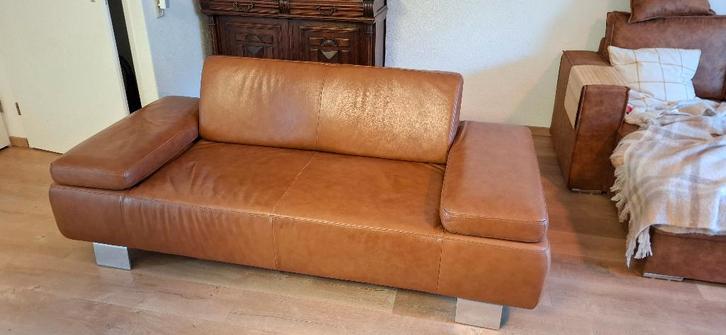 Leren Montel bank lichtbruin, Huis en Inrichting, Banken | Bankstellen, Gebruikt, Rechte bank, Tweepersoons, 150 tot 200 cm, 75 tot 100 cm