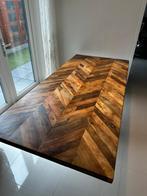 Massief houten eettafel visgraat motief met matrix spinpoot, Ophalen, 100 tot 150 cm, Eikenhout, 200 cm of meer