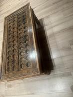 Unieke handgesneden houten salontafel met glas – Oosters, Ophalen, 100 tot 150 cm, 50 tot 100 cm, Minder dan 50 cm