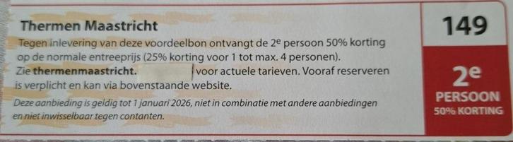 Maastricht Thermen kortingsbon 50% 2e persoon, Tickets en Kaartjes, Kortingen en Cadeaubonnen, Twee personen, Spa of Sauna, Kortingsbon