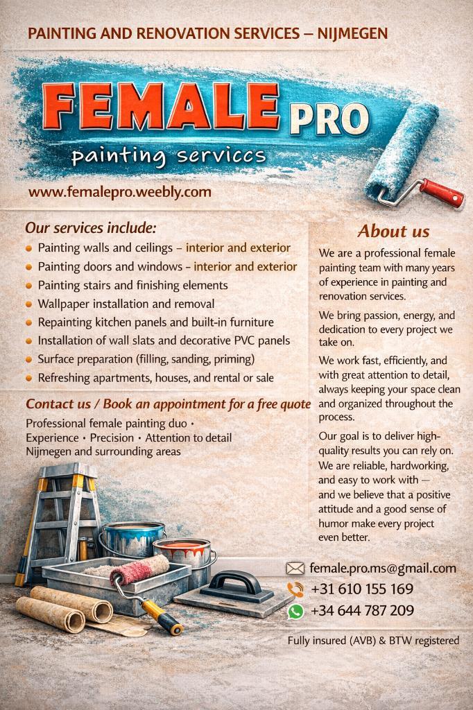 Schilder - Female PRO, Diensten en Vakmensen, Schilders en Behangers, Behangen, Binnenschilderwerk, Buitenschilderwerk, Decoratieschilderwerk