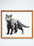 Grote vintage 70s zwarte kat katten borduurwerk lijst hout, Ophalen, Zo goed als nieuw