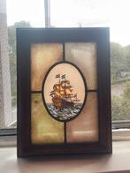 Antiek Glas in Lood Raam met Schip, Antiek en Kunst, Ophalen of Verzenden