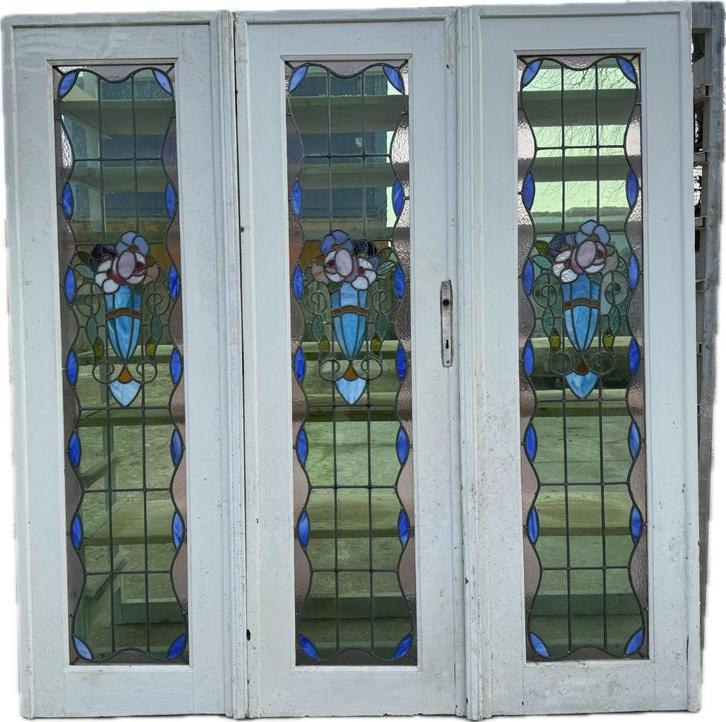 3-delige openslaande glas in lood jugenstil deuren 202x195cm, Antiek en Kunst, Curiosa en Brocante, Ophalen