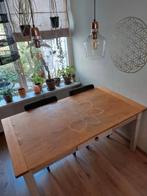 Houten eettafel met mooie mandala, Huis en Inrichting, Tafels | Eettafels, Ophalen, Gebruikt, 50 tot 100 cm, Vijf personen of meer
