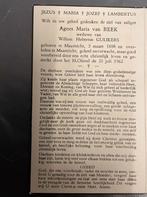 Agnes Maria van Beek Maastricht 1888, Verzamelen, Bidprentjes en Rouwkaarten, Ophalen of Verzenden