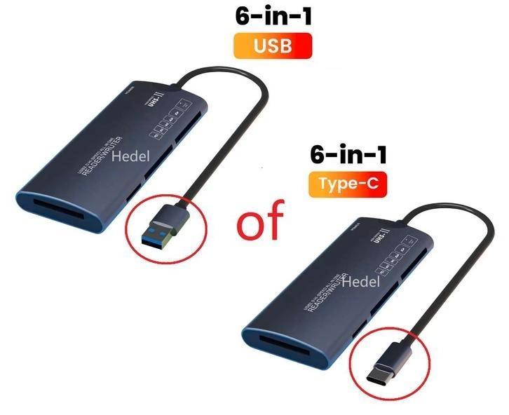 Metalen 6-in-1 kaartlezer USB-A of USB-C xD CF M2 MS SD TF, Computers en Software, Geheugenkaartlezers, Ophalen of Verzenden