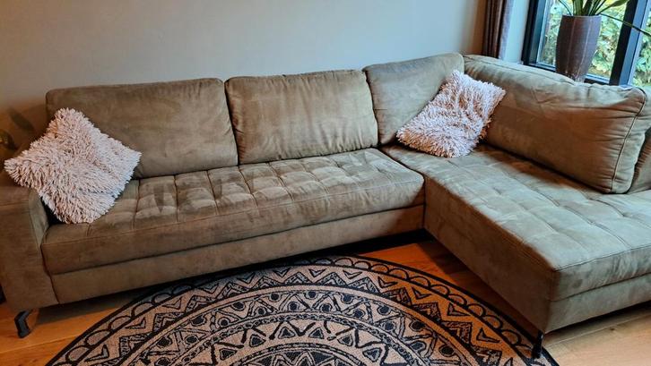 Groene hoekbank - suèdezachte stof - 280x175, Huis en Inrichting, Banken | Bankstellen, Gebruikt, Vierpersoons of meer, Stof, Ophalen