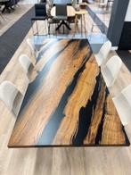 Unieke fossiel eiken epoxytafel – all black 250x100cm, Ophalen, Eikenhout, 200 cm of meer, 50 tot 100 cm