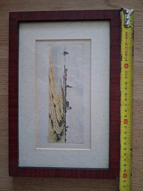 Oude Prent Ingelijst - Landschap met Stad, Antiek en Kunst, Kunst | Etsen en Gravures, Ophalen of Verzenden