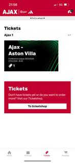 Ajax V Aston Villa ticket block 411, Tickets en Kaartjes