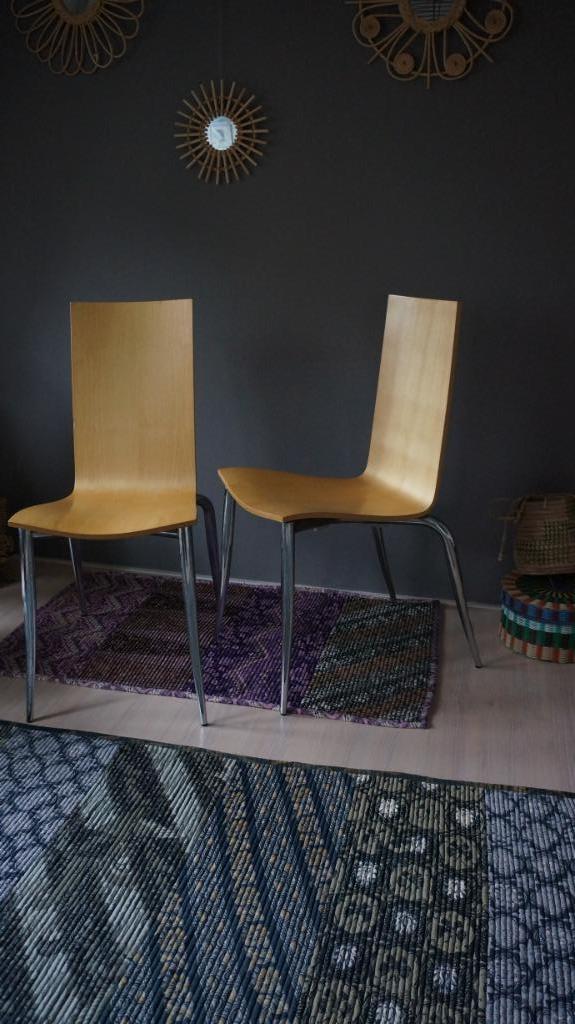 Twee Philippe Starck Olly Tango stoelen, Huis en Inrichting, Stoelen, Gebruikt, Twee, Hout, Metaal, Overige kleuren, Ophalen of Verzenden