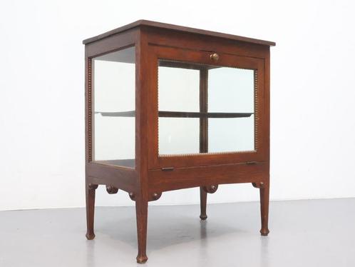 Vintage thee kastje eikenhout glas, Huis en Inrichting, Kasten | Vitrinekasten, Zo goed als nieuw, Minder dan 100 cm, 50 tot 100 cm