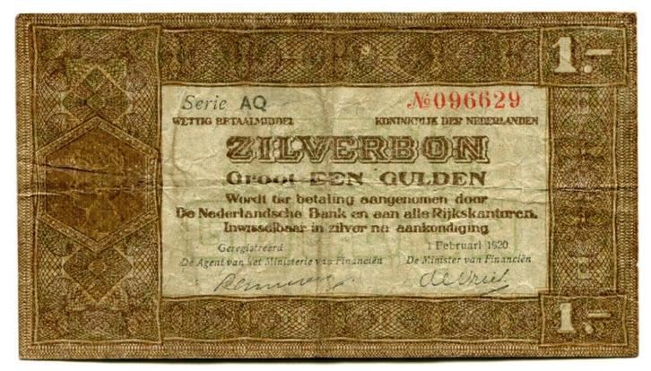 1 Gulden Zilverbon 1920, Postzegels en Munten, Bankbiljetten | Nederland, Los biljet, 1 gulden, Ophalen of Verzenden