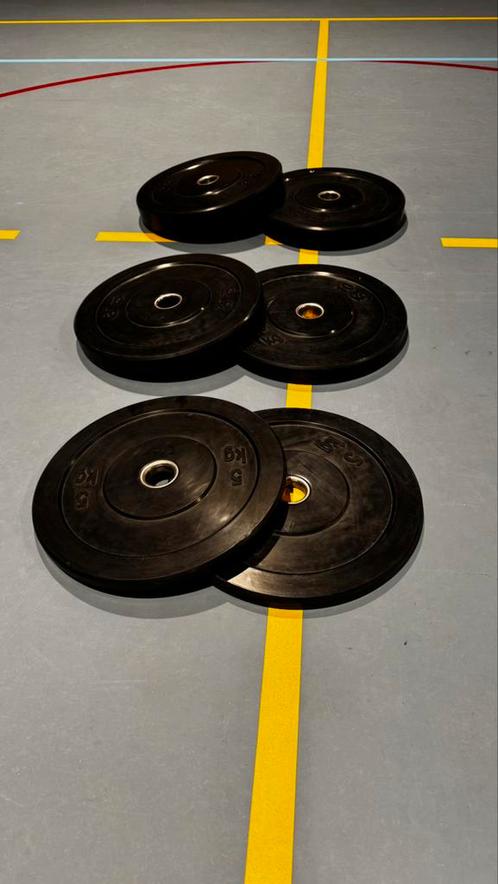 Bumperplates set van 60kg, Sport en Fitness, Fitnessmaterialen, Zo goed als nieuw, Halterschijven, Armen, Benen, Borst, Buik, Rug