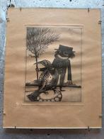 Ets van een man met vogel, Antiek en Kunst, Kunst | Etsen en Gravures, Ophalen of Verzenden