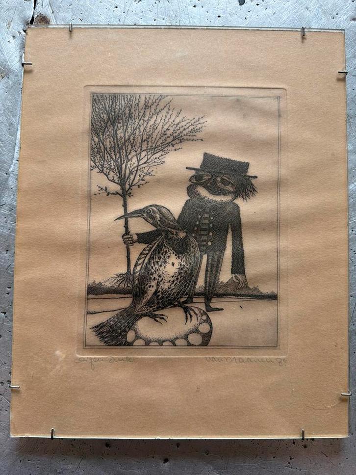 Ets van een man met vogel, Antiek en Kunst, Kunst | Etsen en Gravures, Ophalen of Verzenden